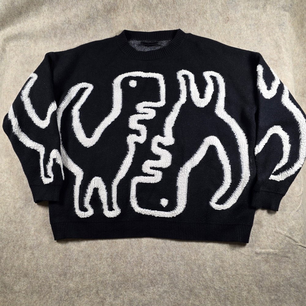 Co-Op Womens XL Black White Graphic Dinosaur Knit Sweater STA1219 Crewneck